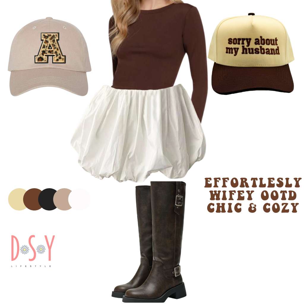 Cozy fall outfit with a seamless crop top, embroidered Sorry About My Husband baseball hat, leopard initial hat, white bubble skirt, and brown biker boots.