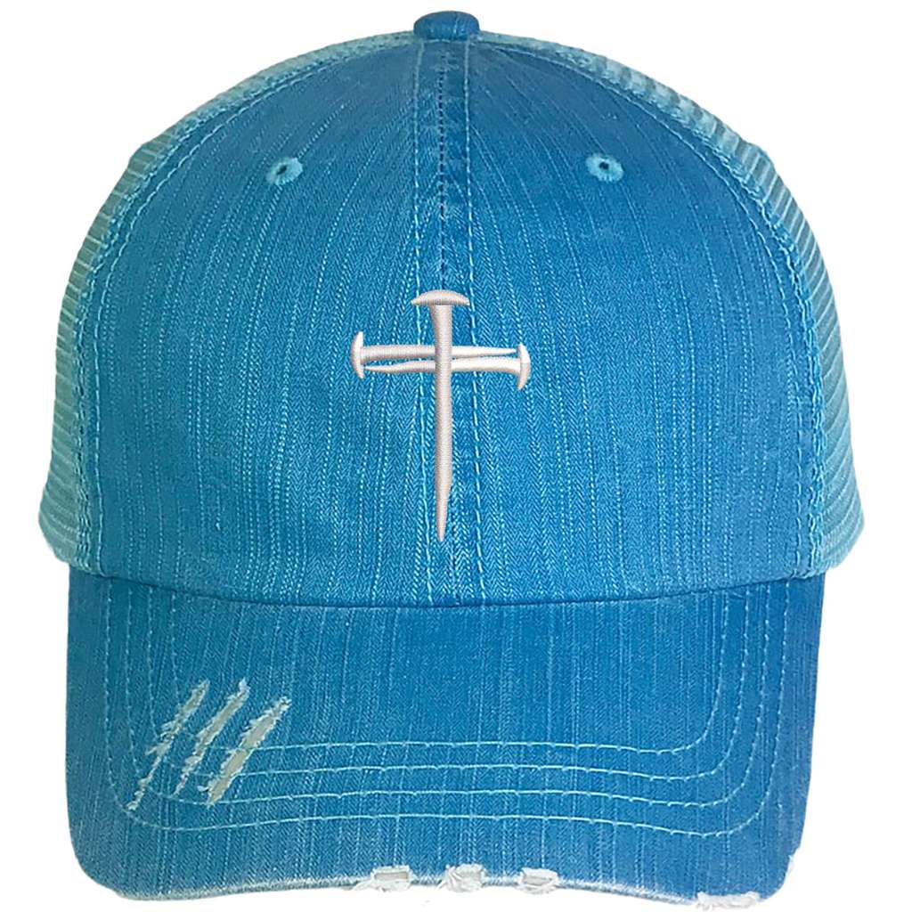 Aqua distressed trucker hat embroidered with a cross of nails on it-DSY Lifestyle