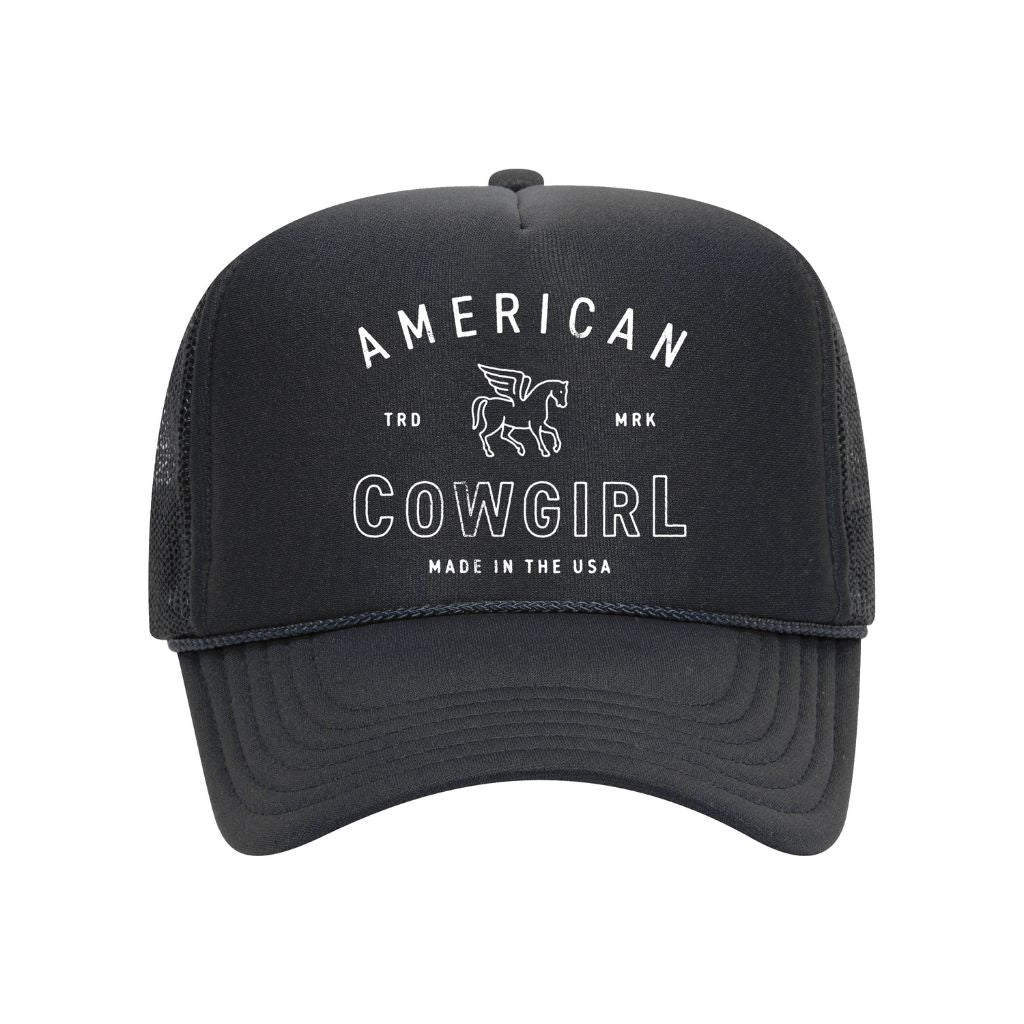 Black foam trucker hat embroidered with the phrase american cowgirl on it- DSY Lifestyle