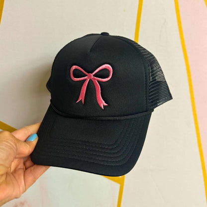 Black foam trucker hat with an embroidered Pink Coquette Bow - DSY Lifestyle