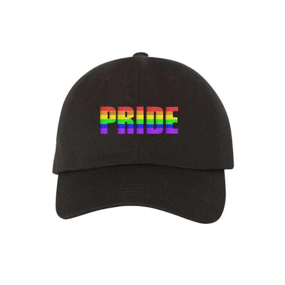 Black baseball hat embroidered with the word pride in all capital letters in rainbow coloring-DSY Lifestyle