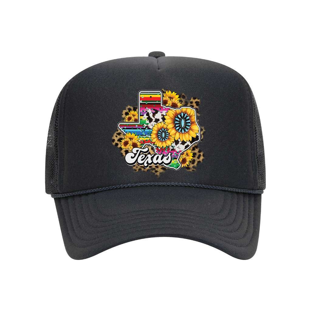 Black  foam trucker hat printed with the texas map and sunflowers around it-DSY Lifestyle