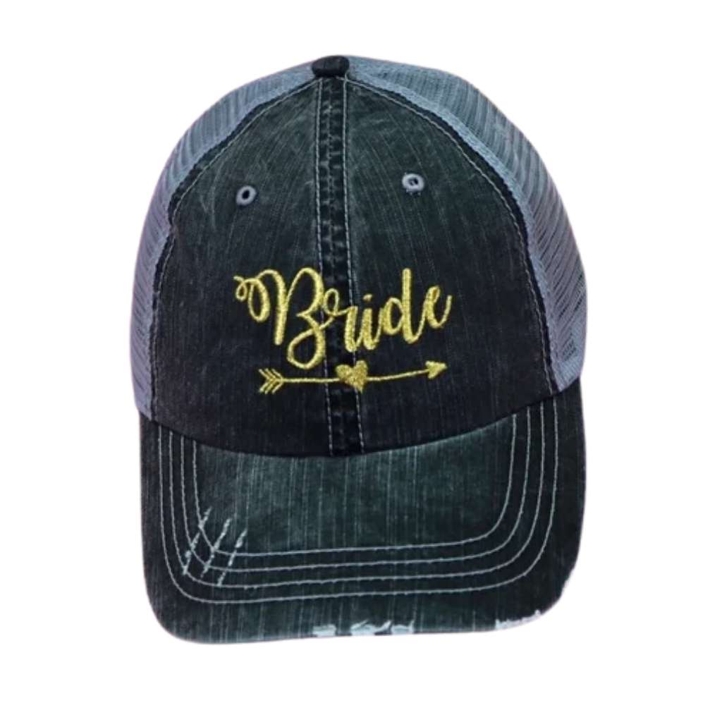 Black distressed trucker hat with Bride embroidered on the front in elegant lettering, featuring a breathable mesh back and adjustable snap closure for a comfortable and stylish fit.