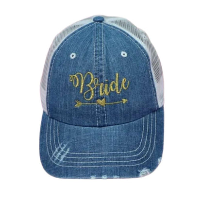 Light Denim distressed trucker hat with Bride embroidered on the front in elegant lettering, featuring a breathable mesh back and adjustable snap closure for a comfortable and stylish fit.