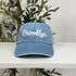 Light Denim Brooklyn Chain Stitch Embroidered Baseball Hat with detailed chain stitch embroidery, a curved brim, and an adjustable strap, perfect for Brooklyn lovers and streetwear fans - DSY Lifestyle