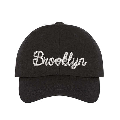 Black Brooklyn Chain Stitch Embroidered Baseball Hat with detailed chain stitch embroidery, a curved brim, and an adjustable strap, perfect for Brooklyn lovers and streetwear fans - DSY Lifestyle