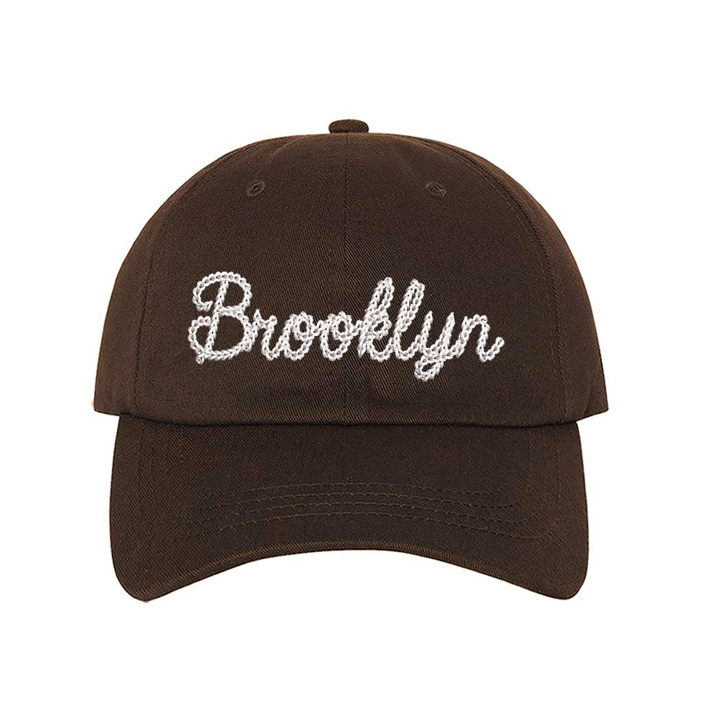 Brown Brooklyn Chain Stitch Embroidered Baseball Hat with detailed chain stitch embroidery, a curved brim, and an adjustable strap, perfect for Brooklyn lovers and streetwear fans - DSY Lifestyle