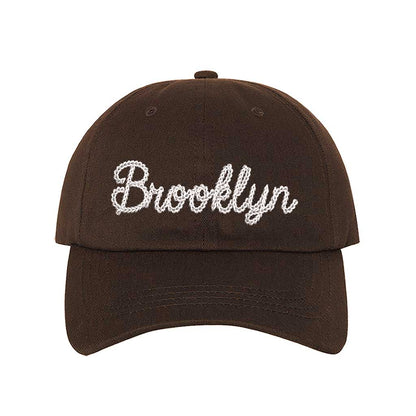 Brown Brooklyn Chain Stitch Embroidered Baseball Hat with detailed chain stitch embroidery, a curved brim, and an adjustable strap, perfect for Brooklyn lovers and streetwear fans - DSY Lifestyle