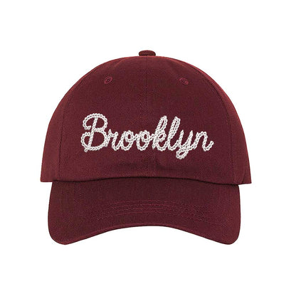 Burgundy Brooklyn Chain Stitch Embroidered Baseball Hat with detailed chain stitch embroidery, a curved brim, and an adjustable strap, perfect for Brooklyn lovers and streetwear fans - DSY Lifestyle