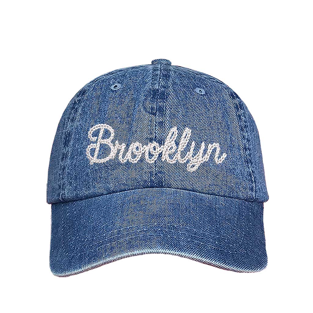 Light Denim Brooklyn Chain Stitch Embroidered Baseball Hat with detailed chain stitch embroidery, a curved brim, and an adjustable strap, perfect for Brooklyn lovers and streetwear fans - DSY Lifestyle