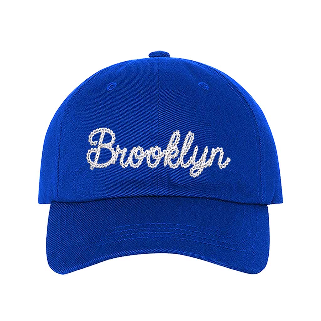 Royal Blue Brooklyn Chain Stitch Embroidered Baseball Hat with detailed chain stitch embroidery, a curved brim, and an adjustable strap, perfect for Brooklyn lovers and streetwear fans - DSY Lifestyle