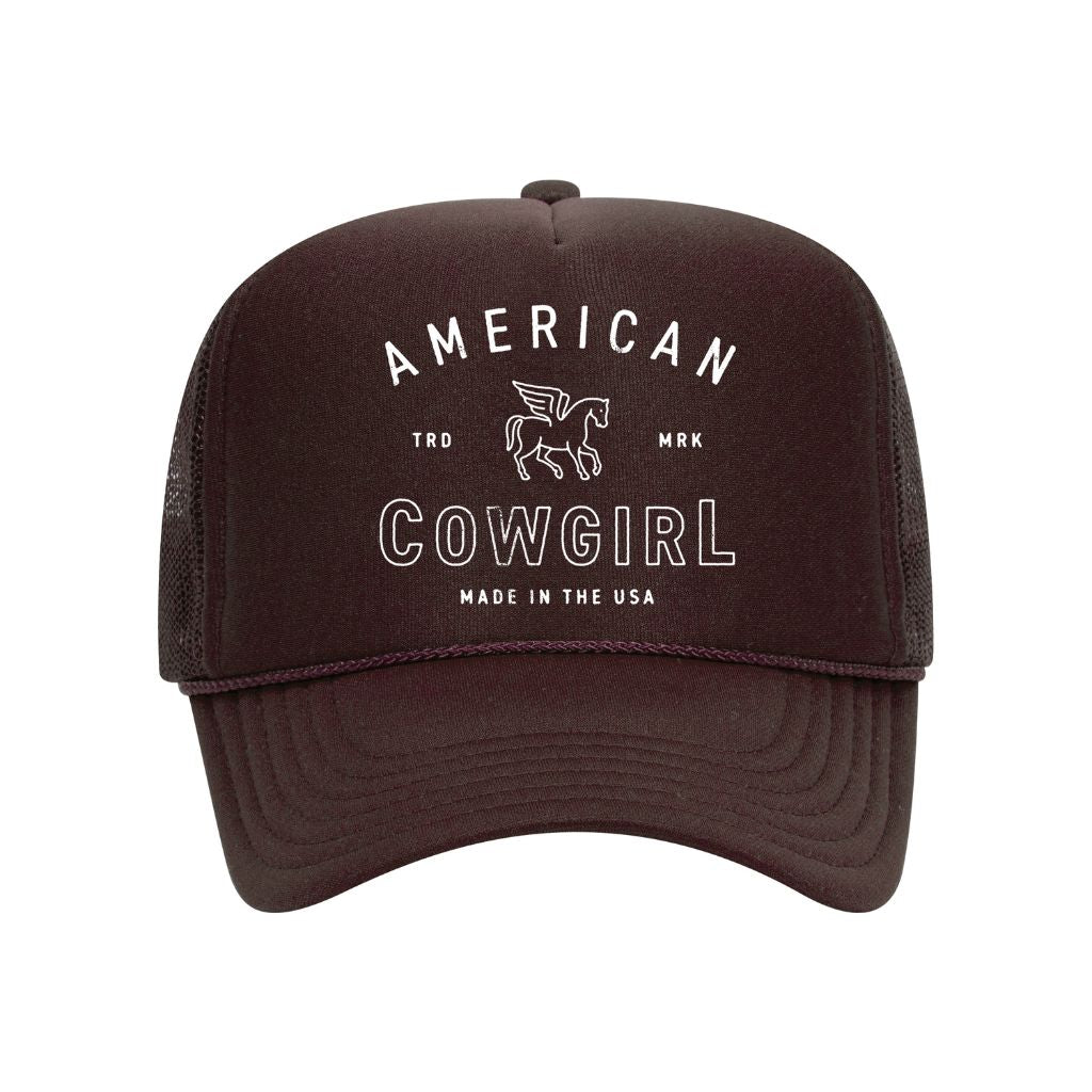 Brown foam trucker hat embroidered with the phrase american cowgirl on it- DSY Lifestyle