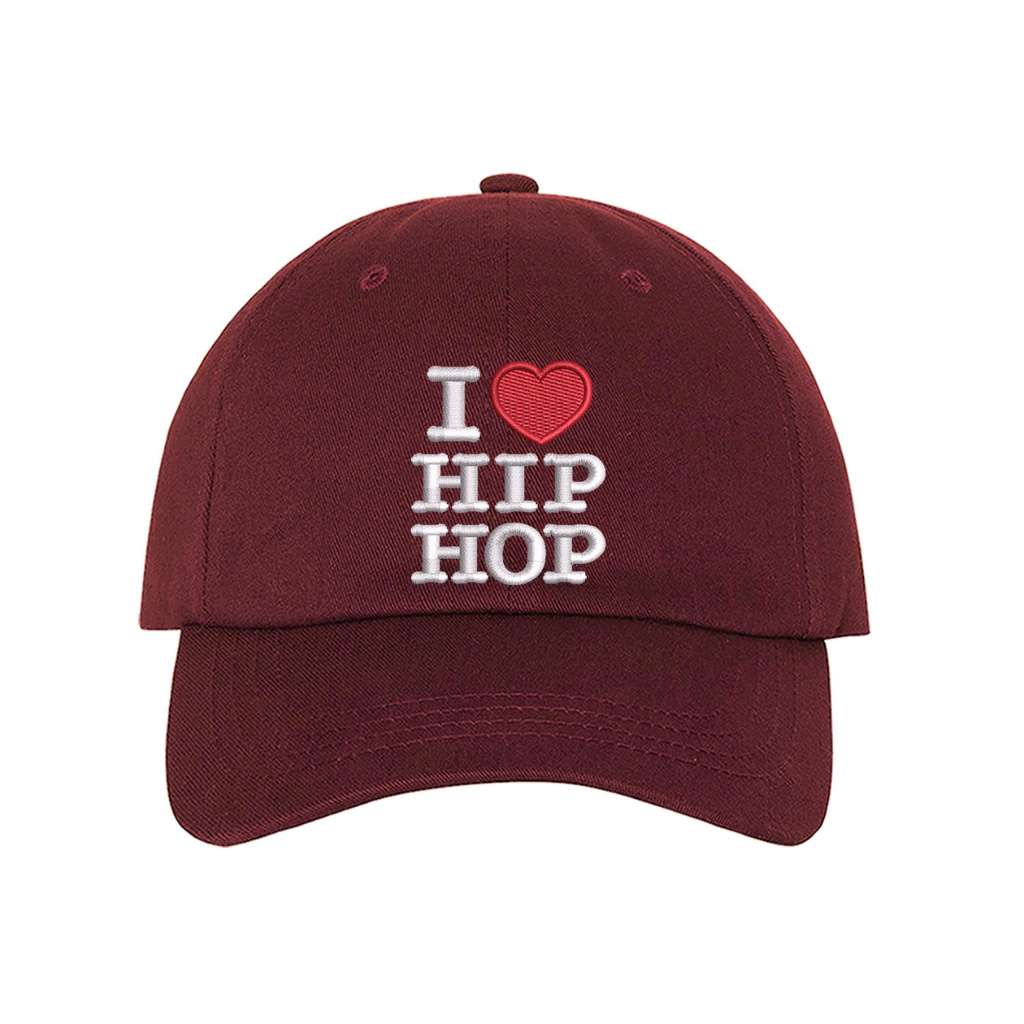 Burgundy baseball hat embroidered with the phrase i love hip hop but love is a heart- DSY Lifestyle