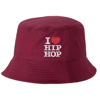 Burgundy bucket hat embroidered with the phrase i love hip hop but love is a heart-DSY Lifestyle