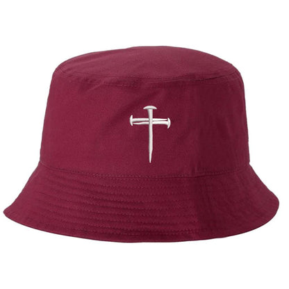 Burgundy bucket hat embroidered wiht a cross made of nails on it- DSY Lifestyle