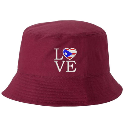 Burgundy bucket hat embroidered with the word love with the o in love in the shape of a heart with the puerto rican flag in it-DSY Lifestyle