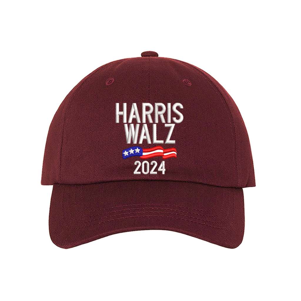 Burgundy baseball hat embroidered with the phrase harris walz-DSY Lifestyle