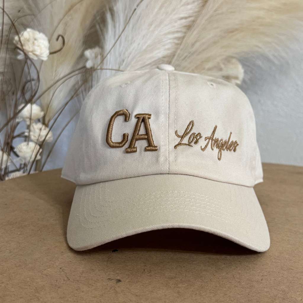 Natural California 3D Los Angeles Embroidered Baseball Hat with raised embroidery, a curved brim, and an adjustable strap for a sleek, comfortable fit - DSY Lifestyle