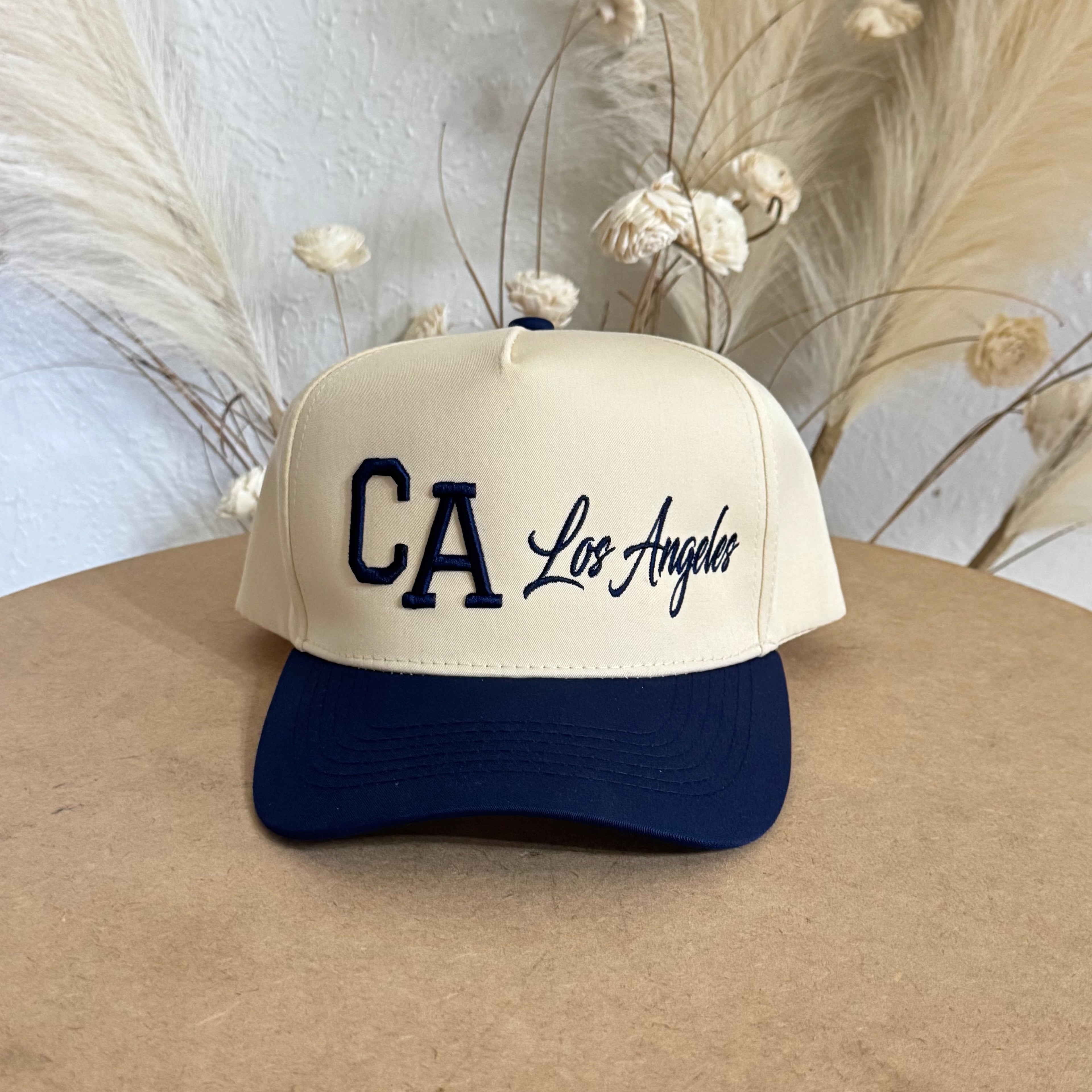 Navy Blue CA Los Angeles regular Two-Tone 5-Panel Natural Embroidered Baseball Hat with CA raised embroidery, a curved brim, and an adjustable strap for a stylish and comfortable fit - DSY Lifestyle 