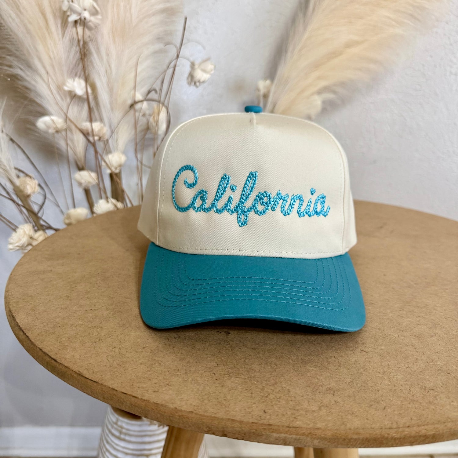 Natural/Aqua bill trendy California Chain Stitch 5-Panel Two-Tone Baseball Hat with premium chain-stitch embroidery, a curved brim, and an adjustable strap, perfect for everyday wear - DSY Lifestyle