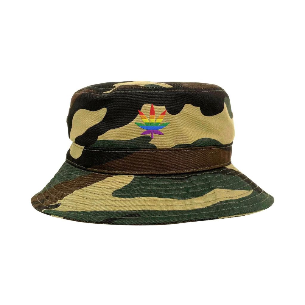 Camo bucket hat embroidered with pride flag in shape of weed leaf-DSY Lifestyle
