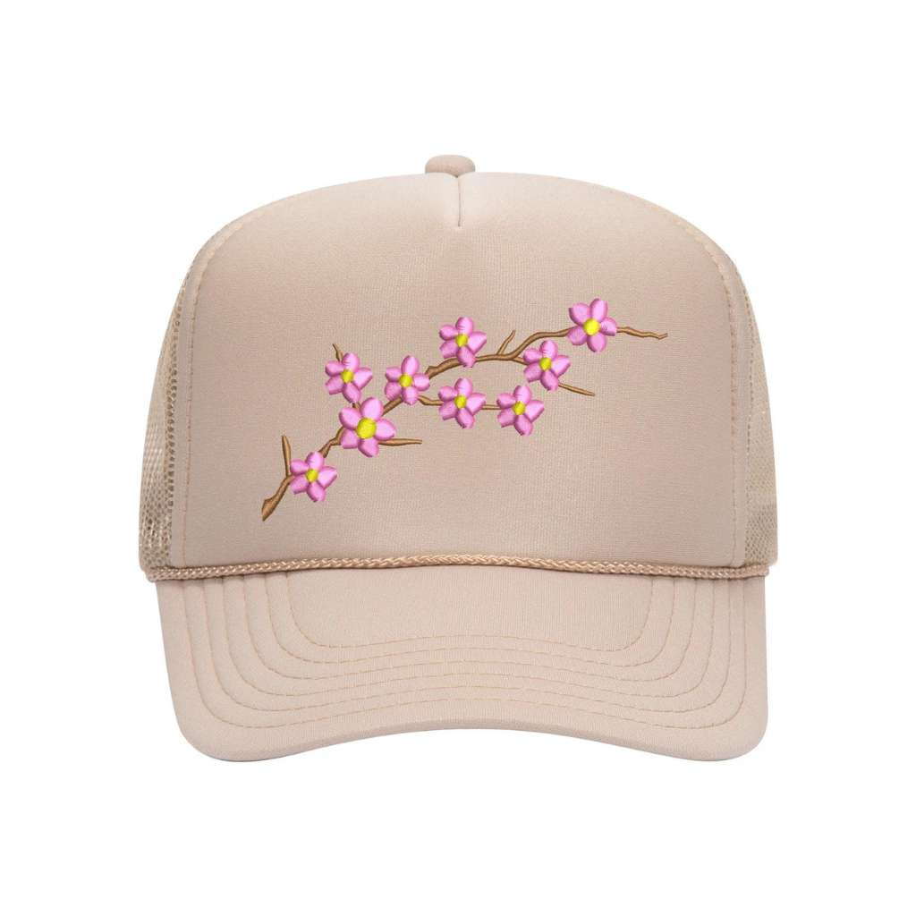 Khaki Foam trucker hat embroidered with Cherry Blossom - DSY Lifestyle