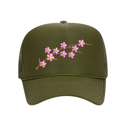 Olive Foam trucker hat embroidered with Cherry Blossom - DSY Lifestyle