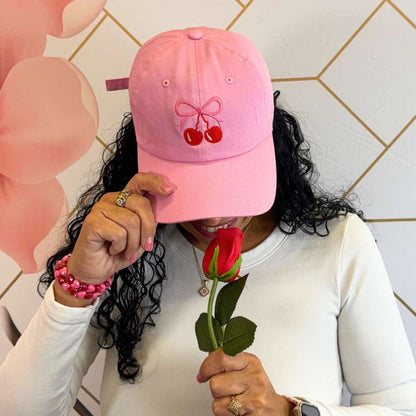 Pink baseball hat embroidered with a cherry and bow - DSY Lifestyle