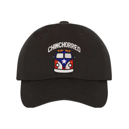 Black baseball hat embroidered with the phrase chinchorreo and a van with the puertorican flag on it- DSY Lifestyle
