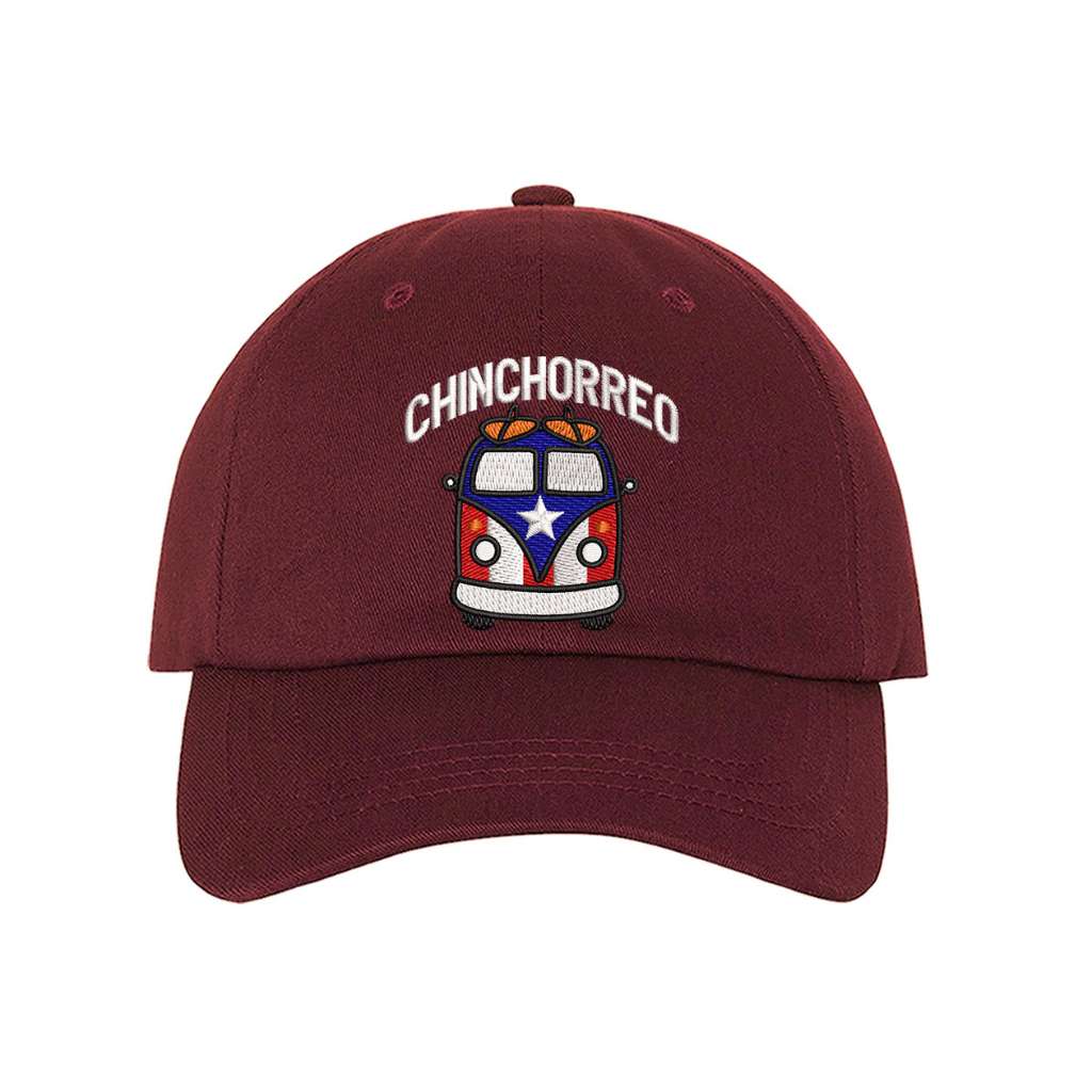 Burgundy baseball hat embroidered with the phrase chinchorreo and a van with the puertorican flag on it- DSY Lifestyle