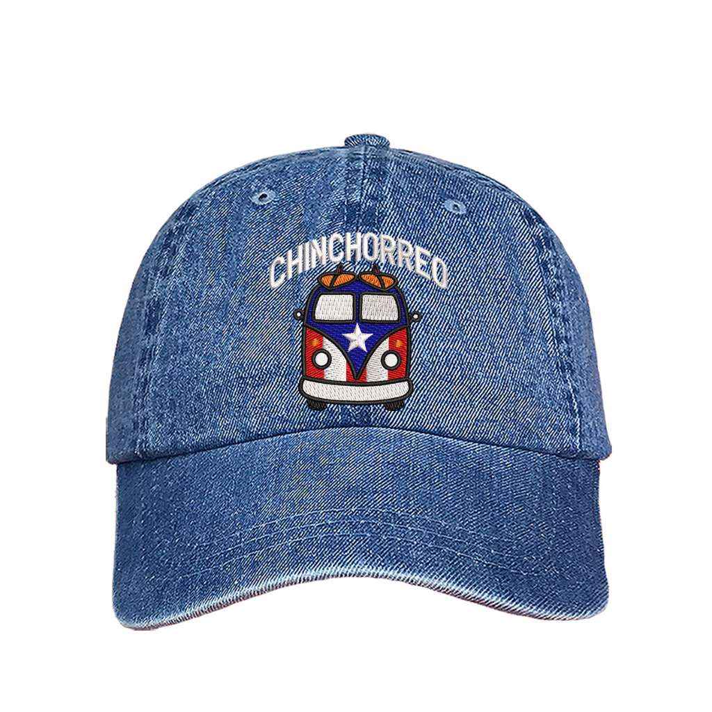 Denim baseball hat embroidered with the phrase chinchorreo and a van with the puertorican flag on it- DSY Lifestyle