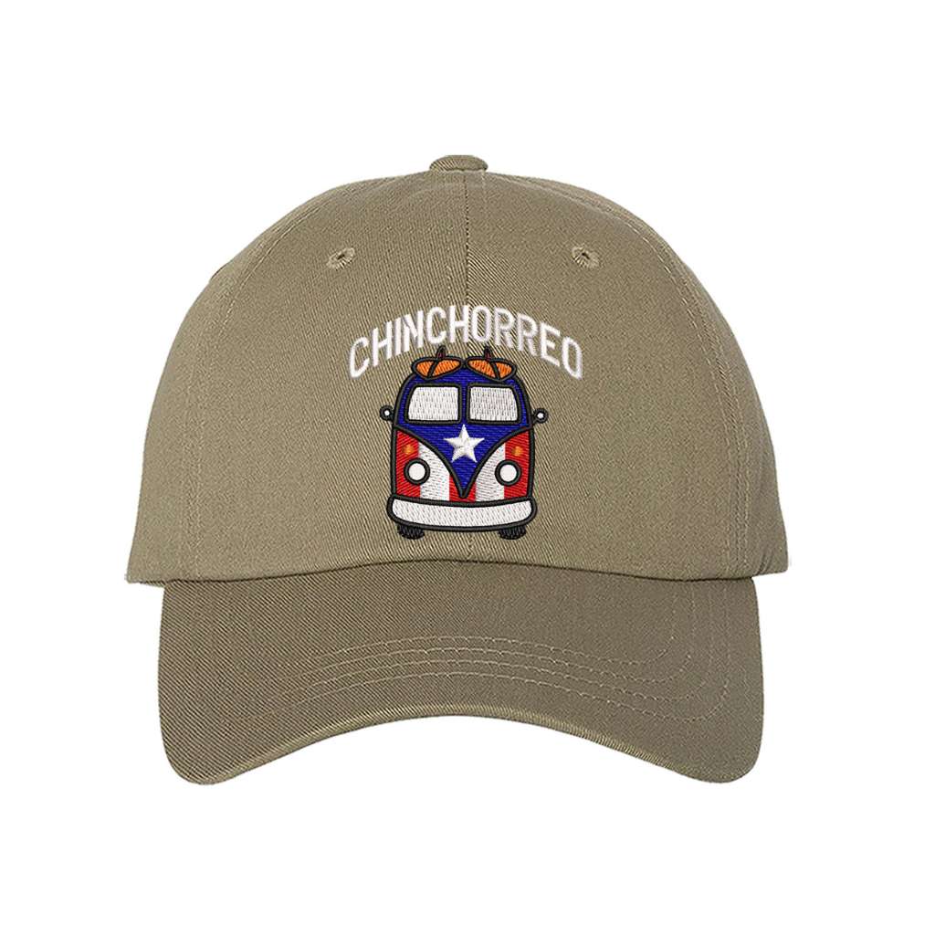 Khaki baseball hat embroidered with the phrase chinchorreo and a van with the puertorican flag on it- DSY Lifestyle