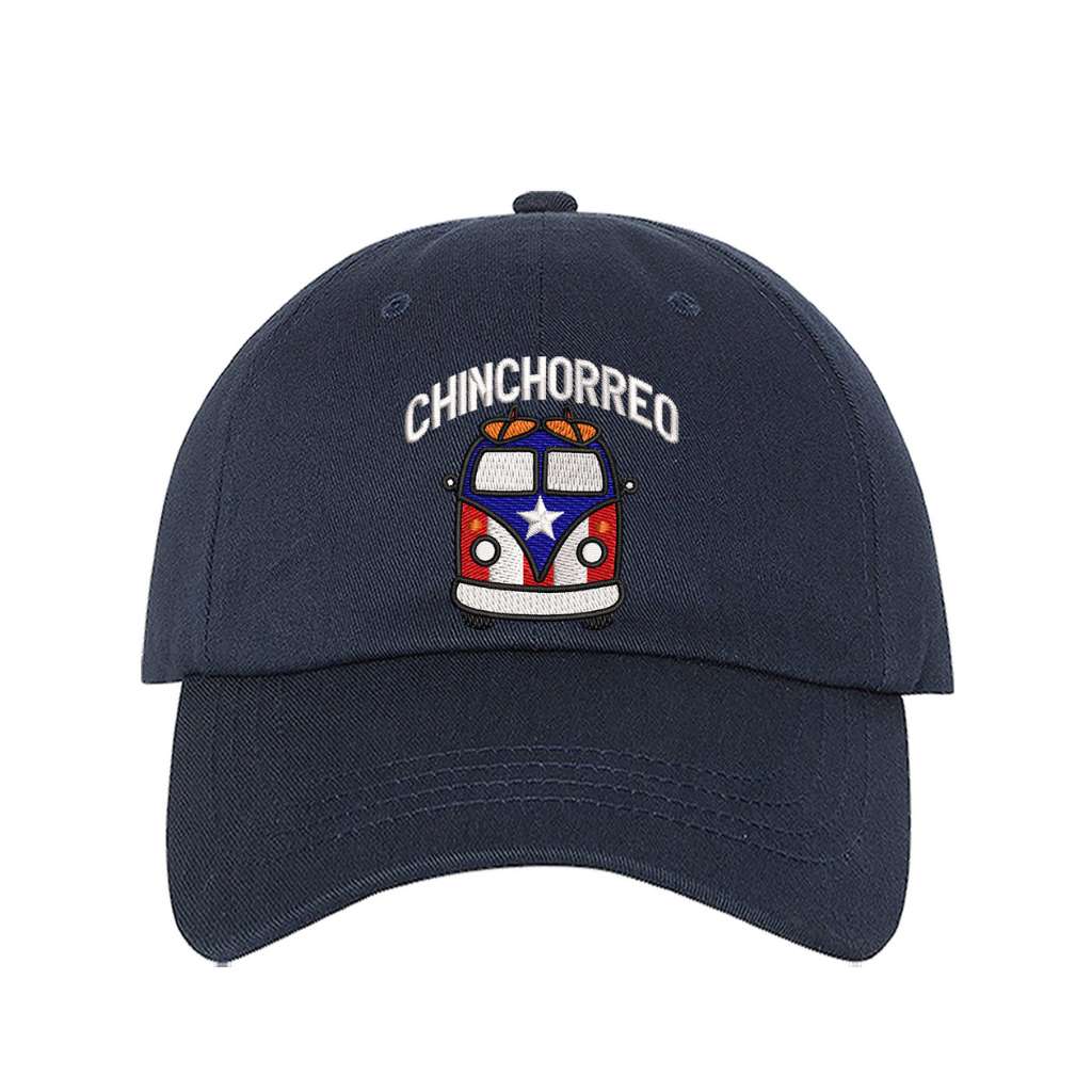 Navy blue baseball hat embroidered with the phrase chinchorreo and a van with the puertorican flag on it- DSY Lifestyle