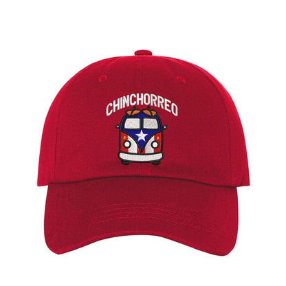 Red baseball hat embroidered with the phrase chinchorreo and a van with the puertorican flag on it- DSY Lifestyle