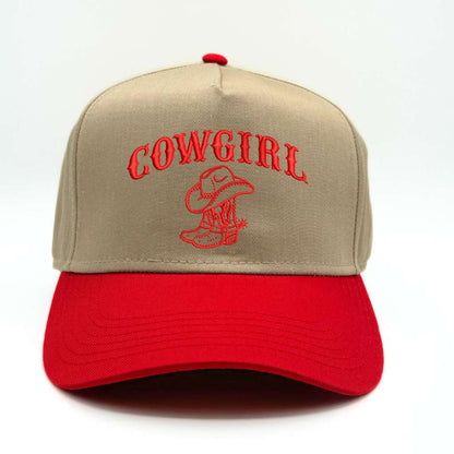 5 Panel Khaki / Red Bill trucker cap embroidered with Cowgirl Boot - DSY Lifestyle