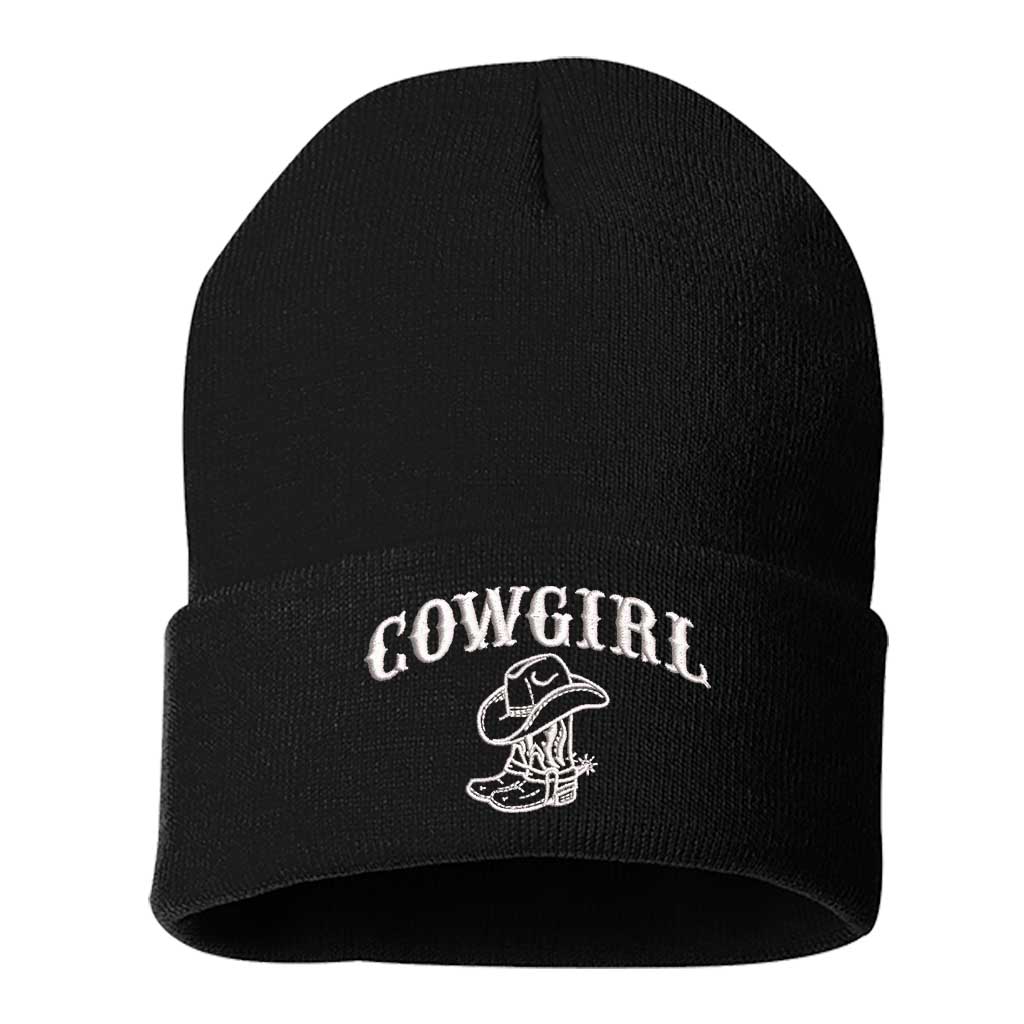 Black beanie embroidered with the phrase cowgirl and a pair of cowgirl boots-DSY Lifestyle