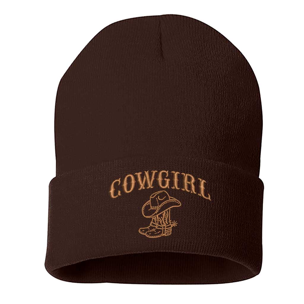 Brown/Brown thread beanie embroidered with the phrase cowgirl and a pair of cowgirl boots-DSY Lifestyle