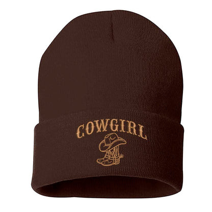 Brown/Brown thread beanie embroidered with the phrase cowgirl and a pair of cowgirl boots-DSY Lifestyle