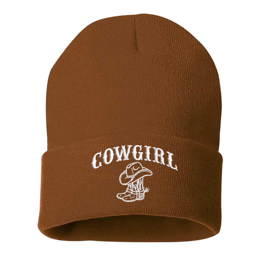 Camel beanie embroidered with the phrase cowgirl and a pair of cowgirl boots-DSY Lifestyle