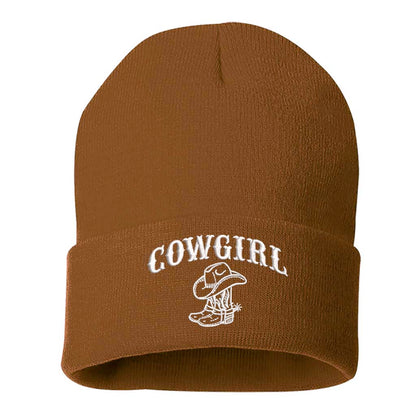 Camel beanie embroidered with the phrase cowgirl and a pair of cowgirl boots-DSY Lifestyle