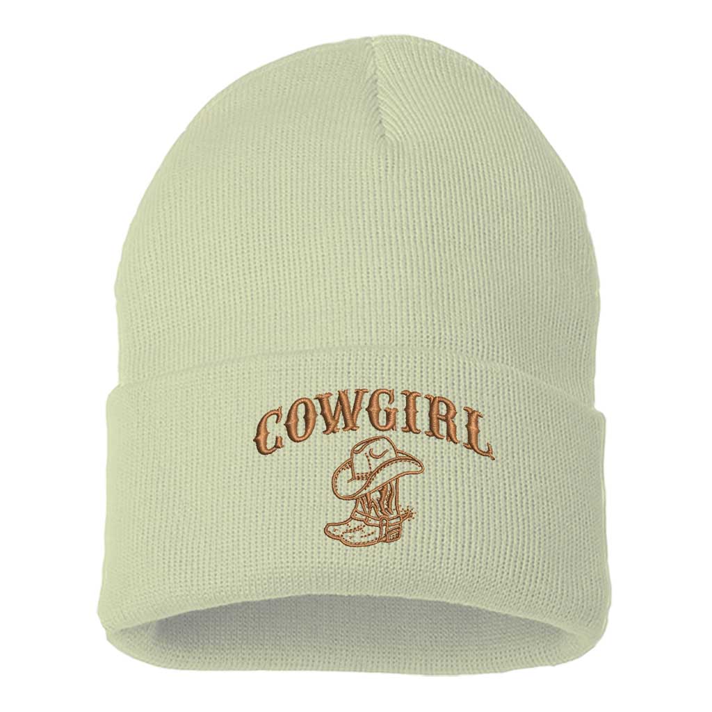 Cream/Brown thread beanie embroidered with the phrase cowgirl and a pair of cowgirl boots-DSY Lifestyle