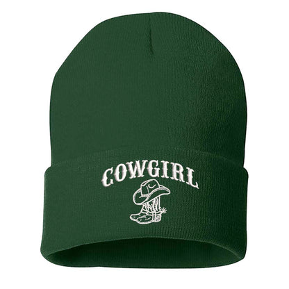 Forest Green  beanie embroidered with the phrase cowgirl and a pair of cowgirl boots-DSY Lifestyle