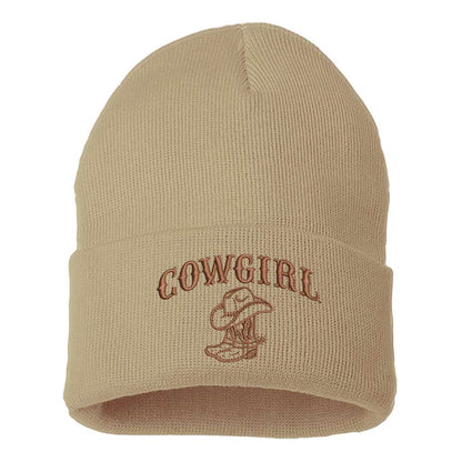 Khaki/Brown Thread beanie embroidered with the phrase cowgirl and a pair of cowgirl boots-DSY Lifestyle