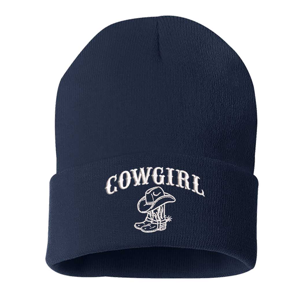 Navy beanie embroidered with the phrase cowgirl and a pair of cowgirl boots-DSY Lifestyle