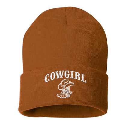 Texas Orange beanie embroidered with the phrase cowgirl and a pair of cowgirl boots-DSY Lifestyle