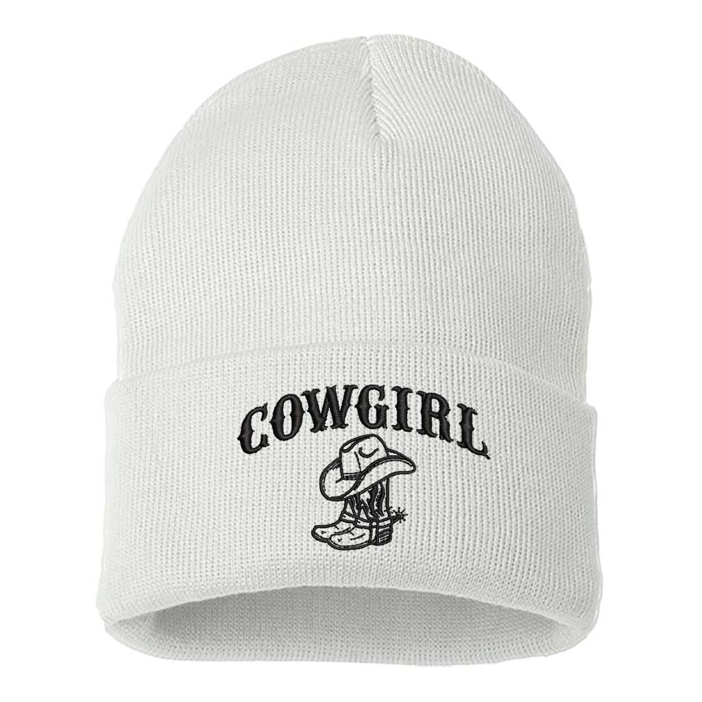 White beanie embroidered with the phrase cowgirl and a pair of cowgirl boots-DSY Lifestyle