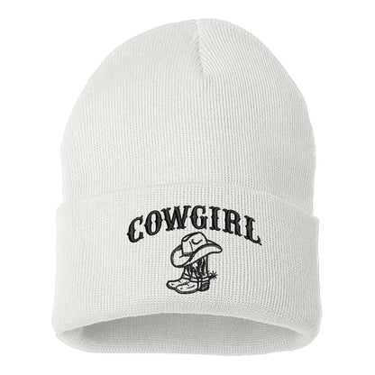 White beanie embroidered with the phrase cowgirl and a pair of cowgirl boots-DSY Lifestyle