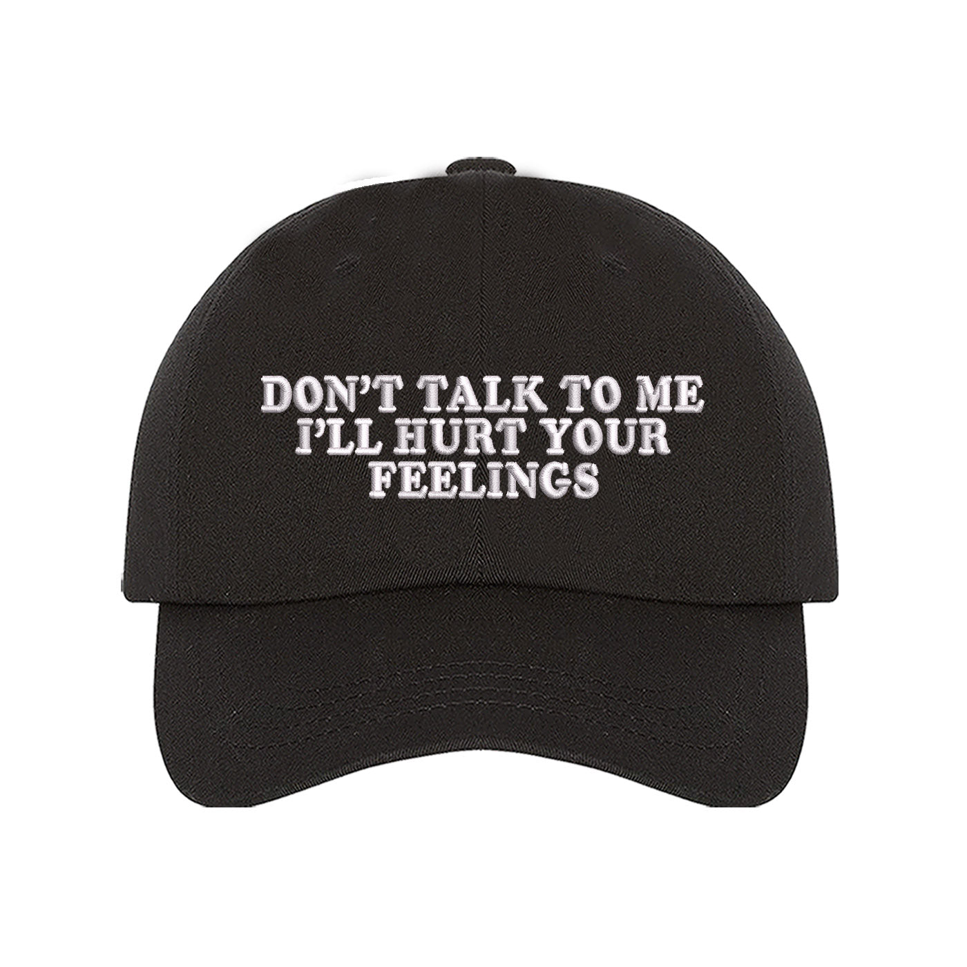 Black baseball hat embroidered with the phrase don&