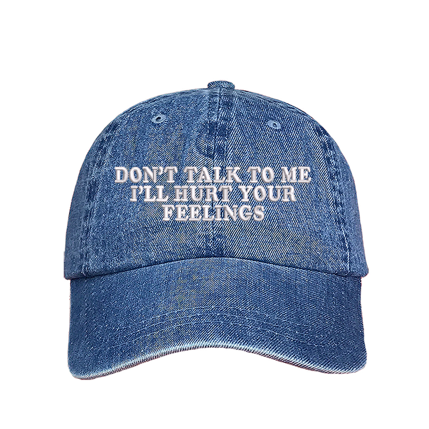 Denim baseball hat embroidered with the phrase don&