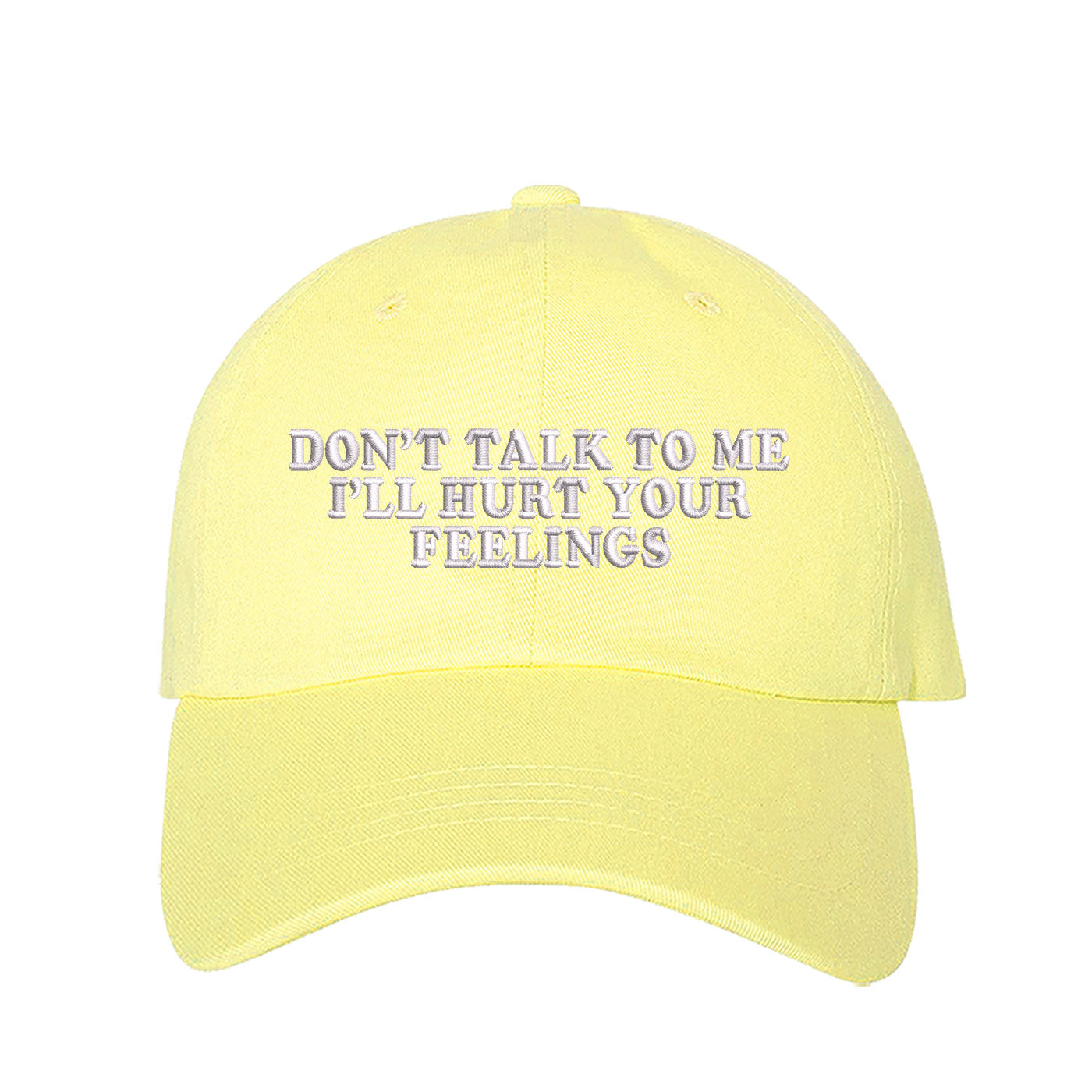 Yellow baseball hat embroidered with the phrase don&